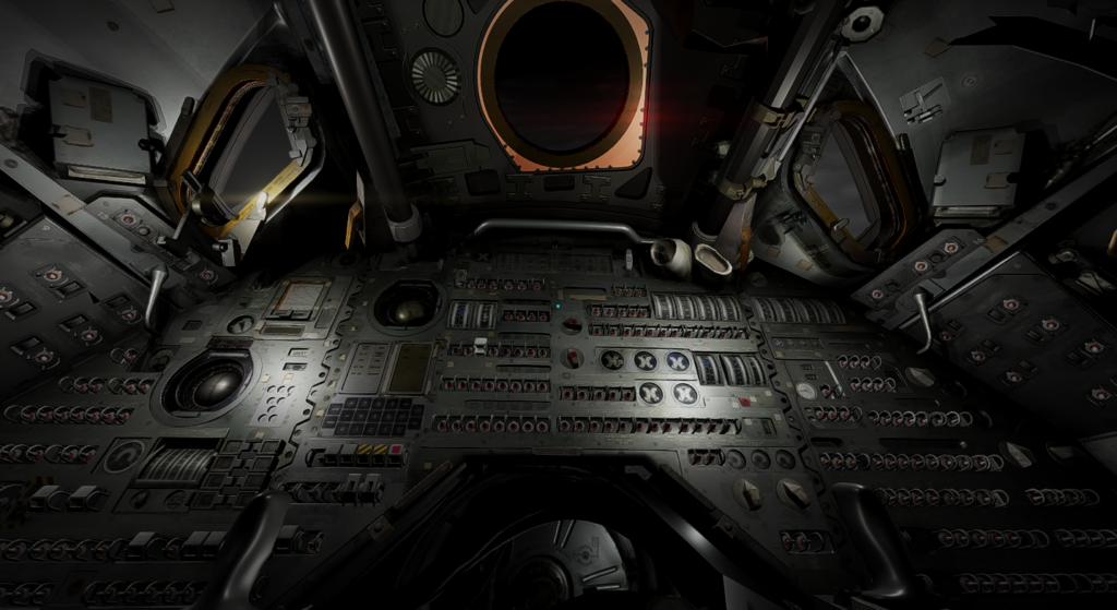3D render of the inside of a spacecraft. A control panel with innumerable buttons and switches fills most of the image, with three small hatches and windows above it. Image: Andrew Yip, iCinema